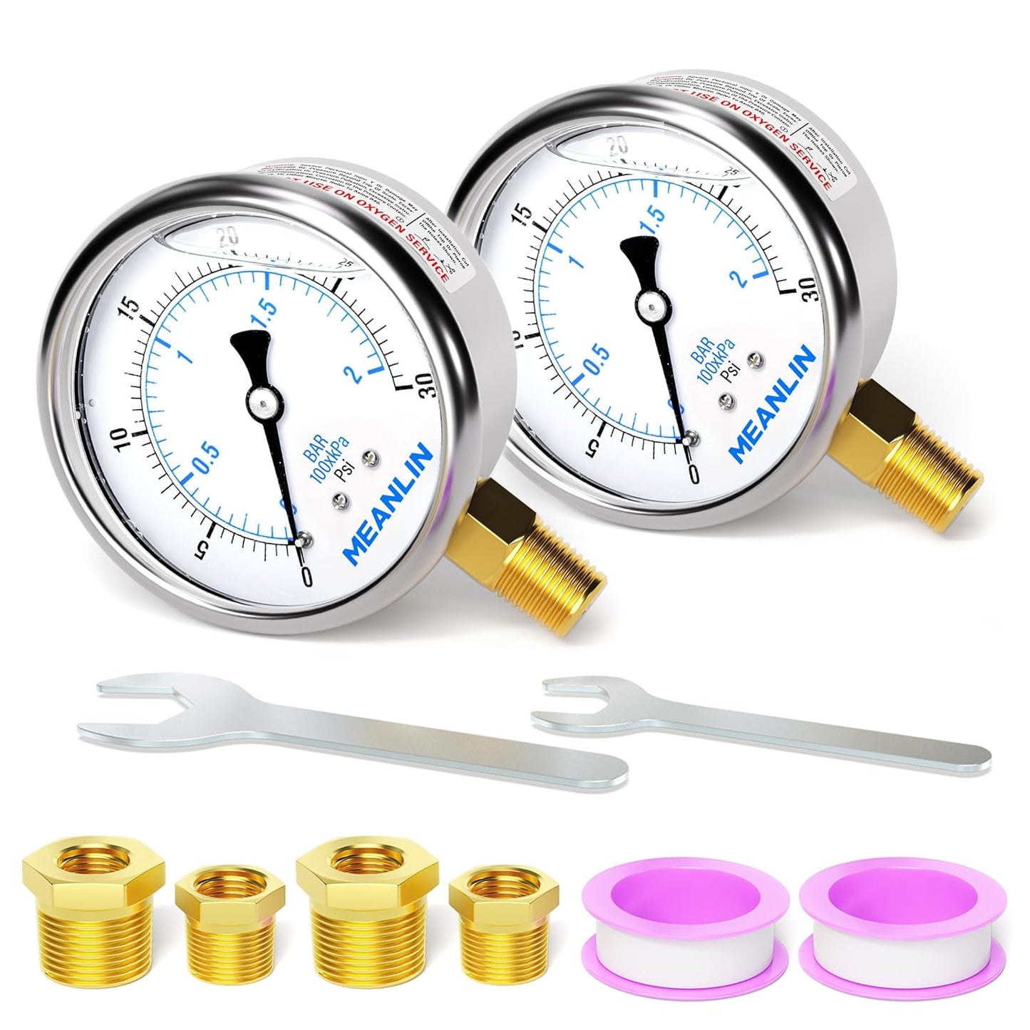 MEANLIN MEASURE 0~30Psi Stainless Steel 1/4" NPT 2.5" FACE DIAL,Liquid Filled Pressure Gauge,WOG Water Oil Air Lower Mount (Pack of 2), with 1/4" x 1/2" NPT and 1/4" x 3/8" NPT Hex Bushing