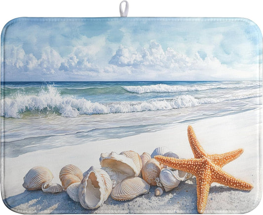Summer Beach Dish Drying Mat for Kitchen Counter Starfish Coastal Shells Kitchen Dishes Dryer Pad Absorbent Matt Microfiber Washable Foldable Reusable Large 18x24 in