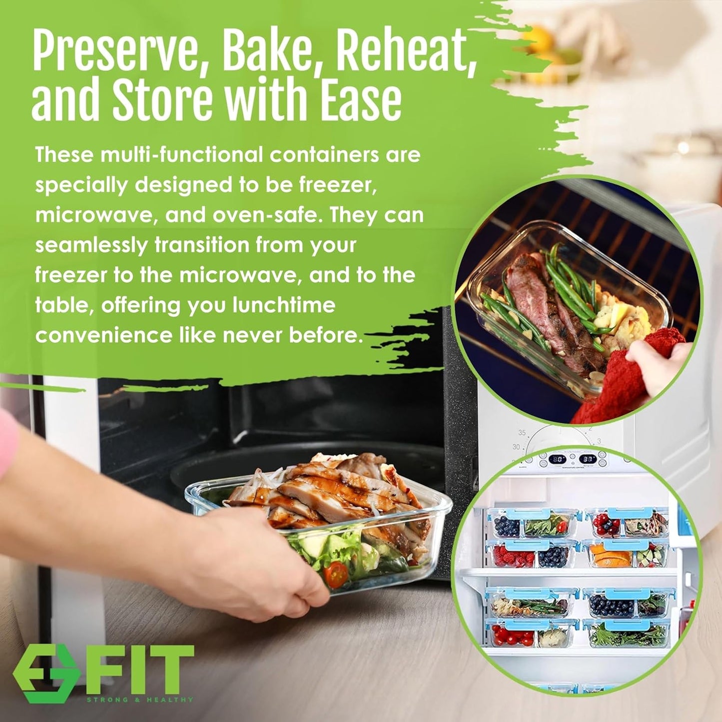FIT Strong & Healthy Glass Meal Prep Containers 3 Compartment - Bento Box Adult Lunch Containers – Glass Snack Container with Lids, Leak-Proof Cover, Sectioned Storage Container, 32oz, Blue, 3 Pack