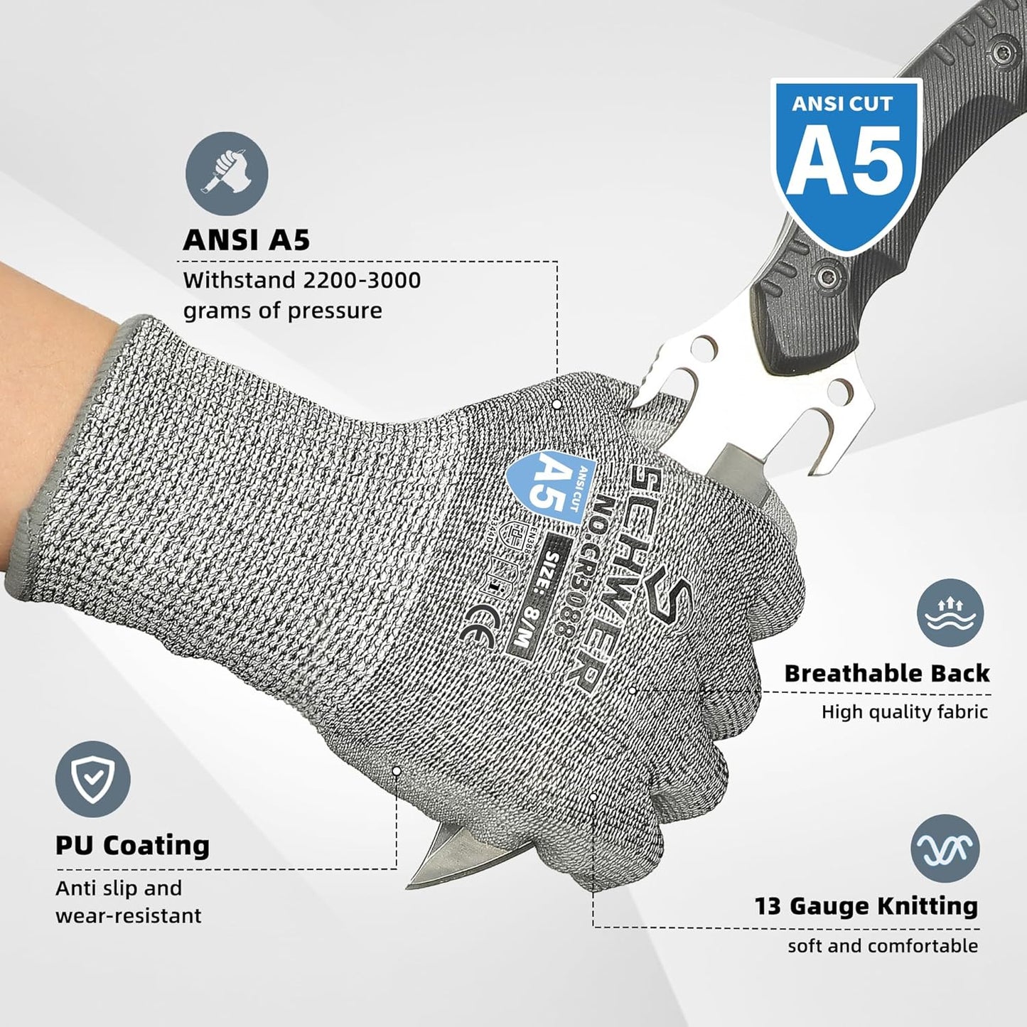Schwer 240 Pairs ANSI A5 Cut Resistant Work Gloves, Cut Proof Gloves with PU Coating, Used for Metal Fabrication, WoodWorking, Construction, Non Slip, Durable, M, CR3088