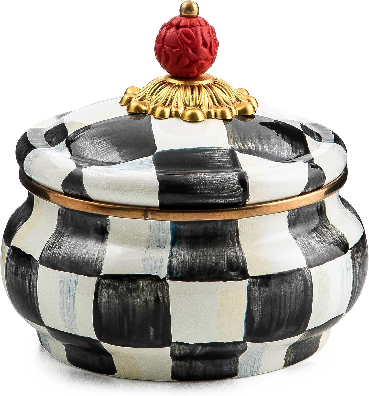 MACKENZIE-CHILDS Enamel Squashed Pot, Cute Enameled Container with Lid, 20 Ounces, Black-and-White Courtly Check