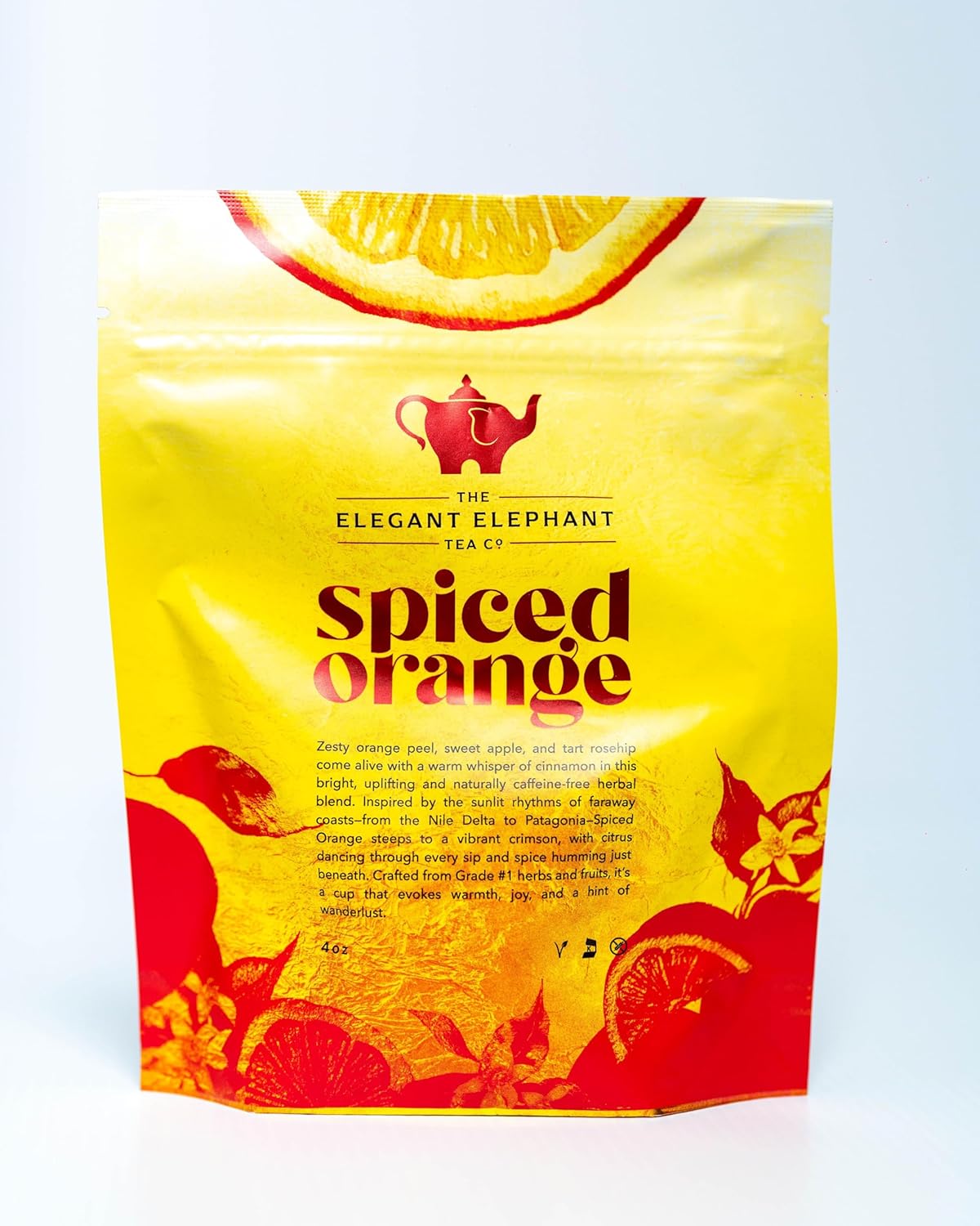 Spiced Orange Tea, Loose Leaf Herbal Tea – Sweet, Spicy, Caffeine-Free – Orange, Apple & Cinnamon Spice – Drink Hot or Iced – 4 oz Resealable Bag (Makes 50 Cups) – The Elegant Elephant
