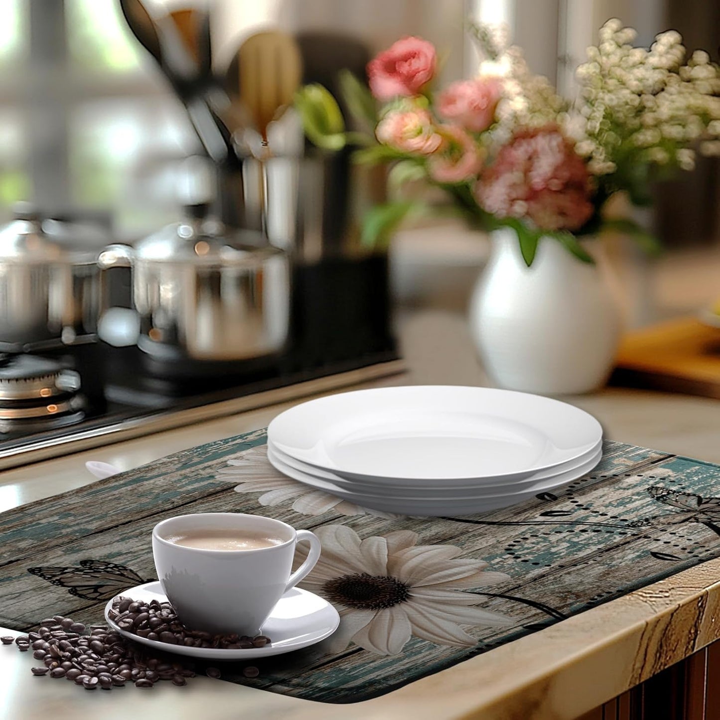 Summer Sunflower Vintage Dish Drying Mats for Kitchen Counter Country Rustic Daisy Farmhouse Kitchen Dishes Dryer Pad Fall Absorbent Dish Mat Microfiber Washable Foldable Reusable Large 18x24 in