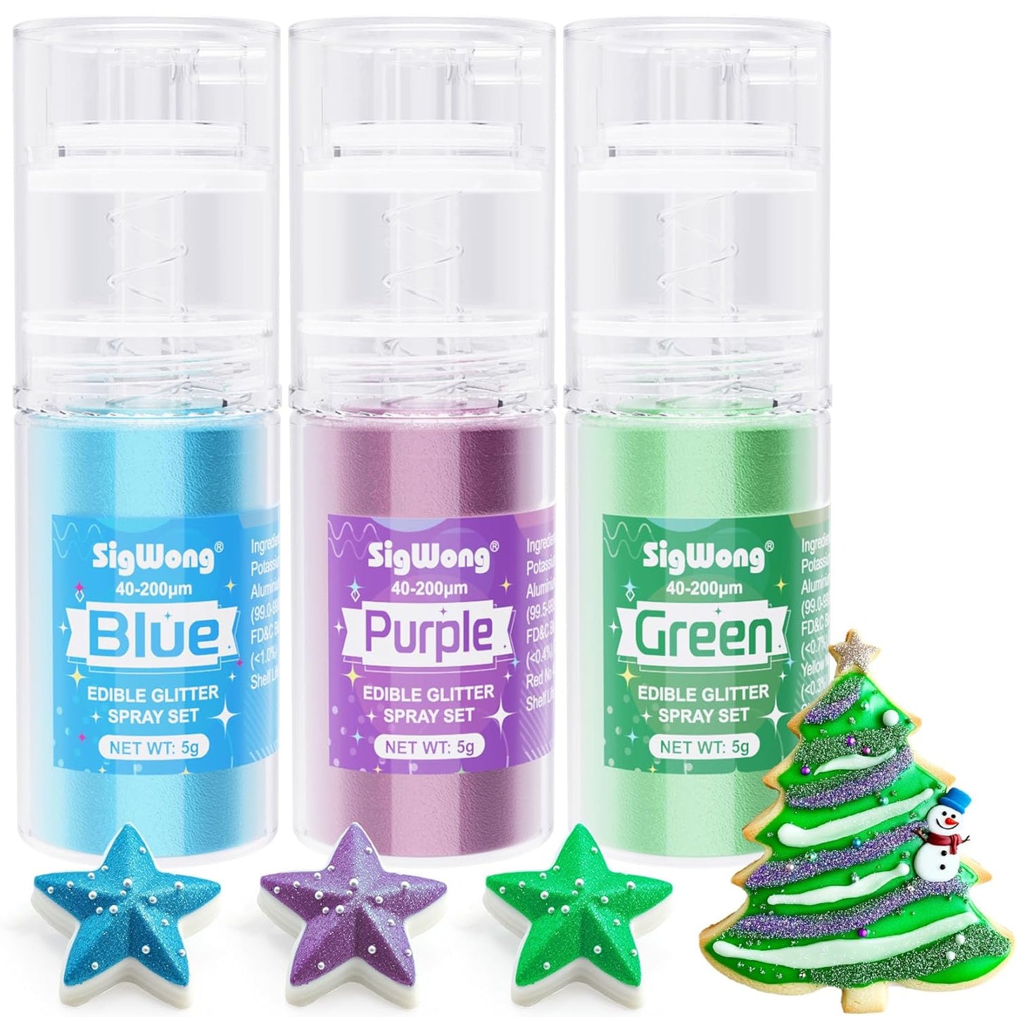 Edible Glitter Spray Set - 3 Color 100% Edible Glitter for Cakes, Cupcakes, Cake Pops, Drinks, Chocolate, Strawberries, Cookies, Food Grade Coloring Glitter, Blue, Purple, Green (5g/Bottle)