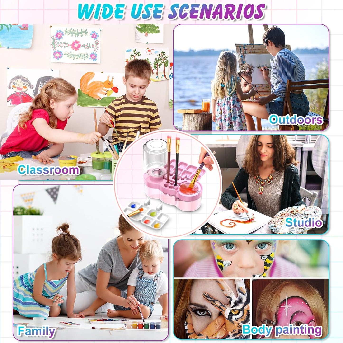 Paint Brush Cleaner Tool with 10 PCS Paint Brushes, Water Cycle Paint Brush Rinser with Holder and Palette, Flush My Brushes, Painting Art Supplies for Artist Beginner Kid