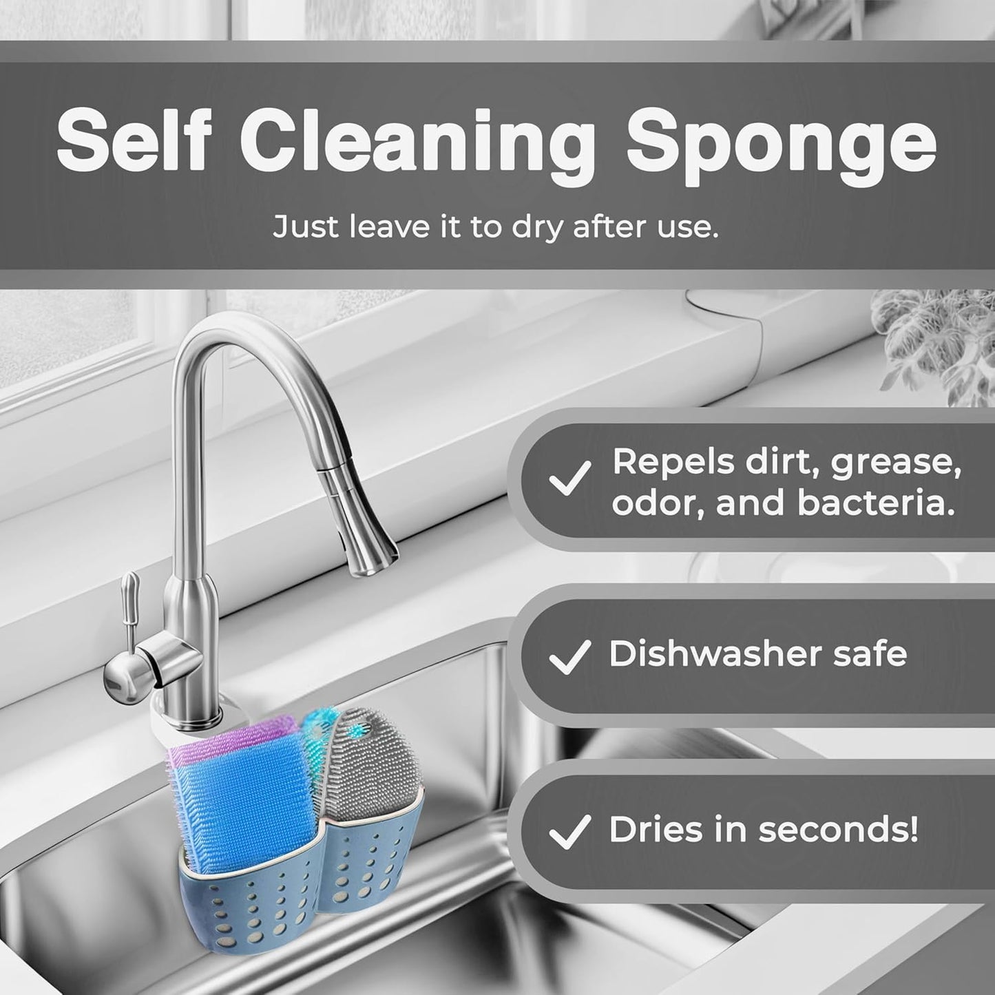 Silicone Sponges for Dishes - 4 Pack Dual-Sided Dish Scrubber and Sponge - Food Grade, BPA Free Silicone Dish Sponge & Housecleaning