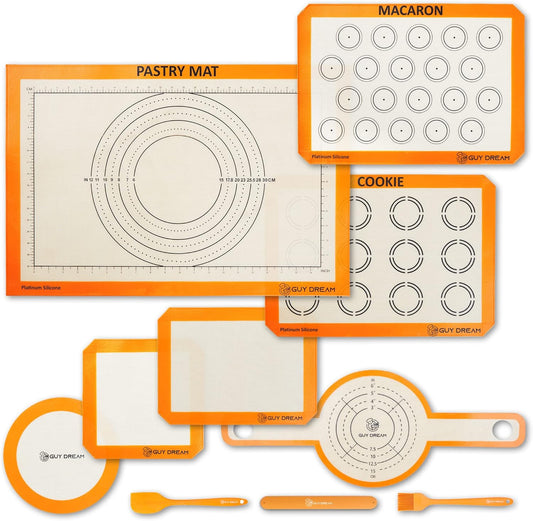 GUY DREAM All-in-One Silicone Baking Mat Set - Kneading Mat, Cookie & Macaron Half Sheet Mat, 1/4 Sheet Mat, Square & Round Cake Mats, Artisan Bread Mat - Ideal Gift for Baking