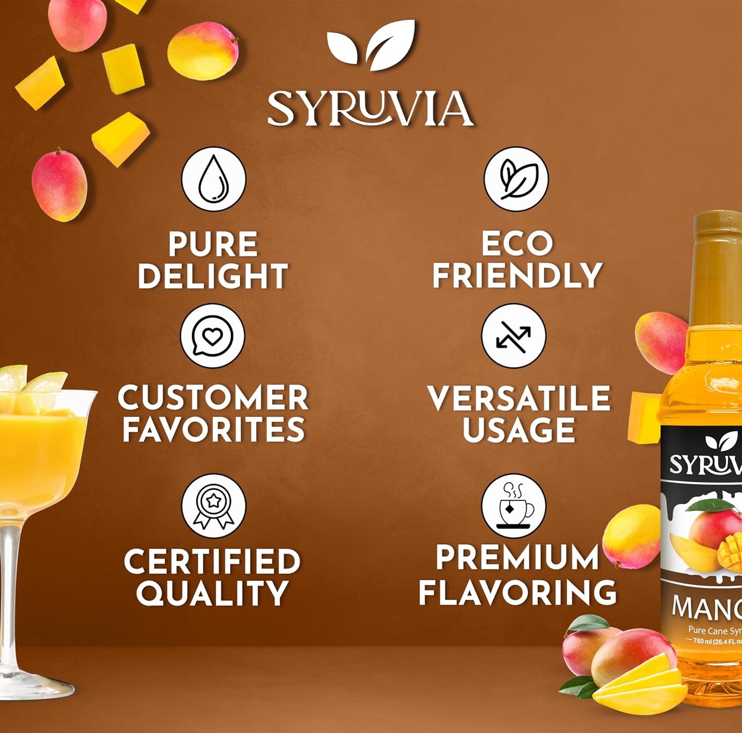 Syruvia Mango Syrup - Premium Flavoring Syrup for Tea, Italian Sodas, Beverages, Desserts, Ice Cream, Cocktails & Mocktails - Kosher, Gluten Free - 25.4 fl oz.