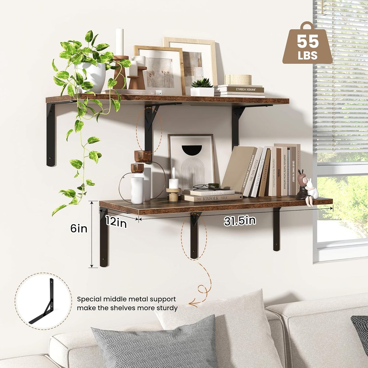 Fun Memories Rustic Brown 12 Inch Deep Floating Shelves Set of 2, Wall Mounted Shelf with Metal Brackets, Rustic Wood Wall Shelf for Bathroom, Kitchen and Living Room