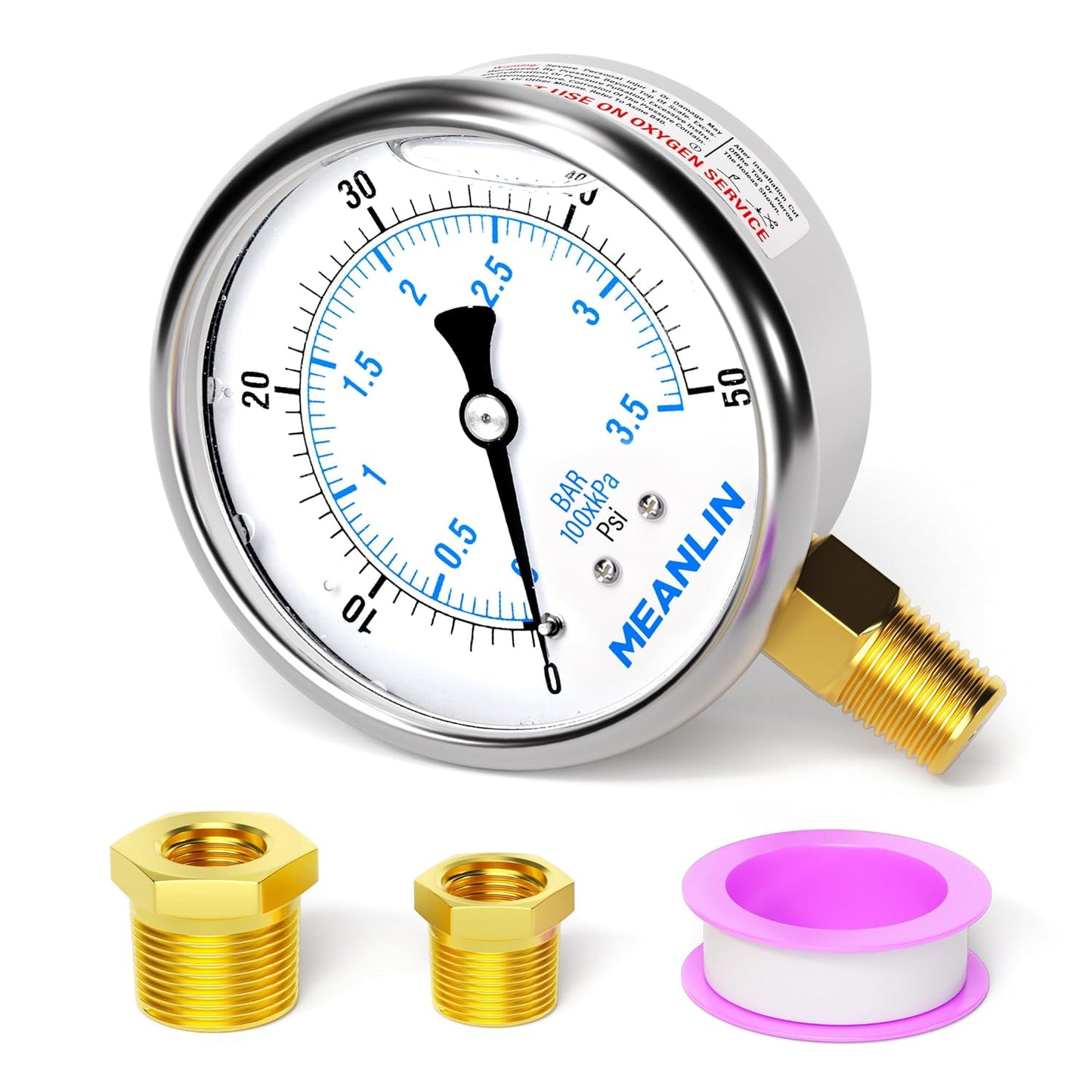 MEANLIN MEASURE 0~50Psi Stainless Steel 1/4" NPT 2.5" FACE DIAL Liquid Filled Pressure Gauge WOG Water Oil Air Lower Mount, with 1/2" NPT and 3/8" NPT Hex Bushing