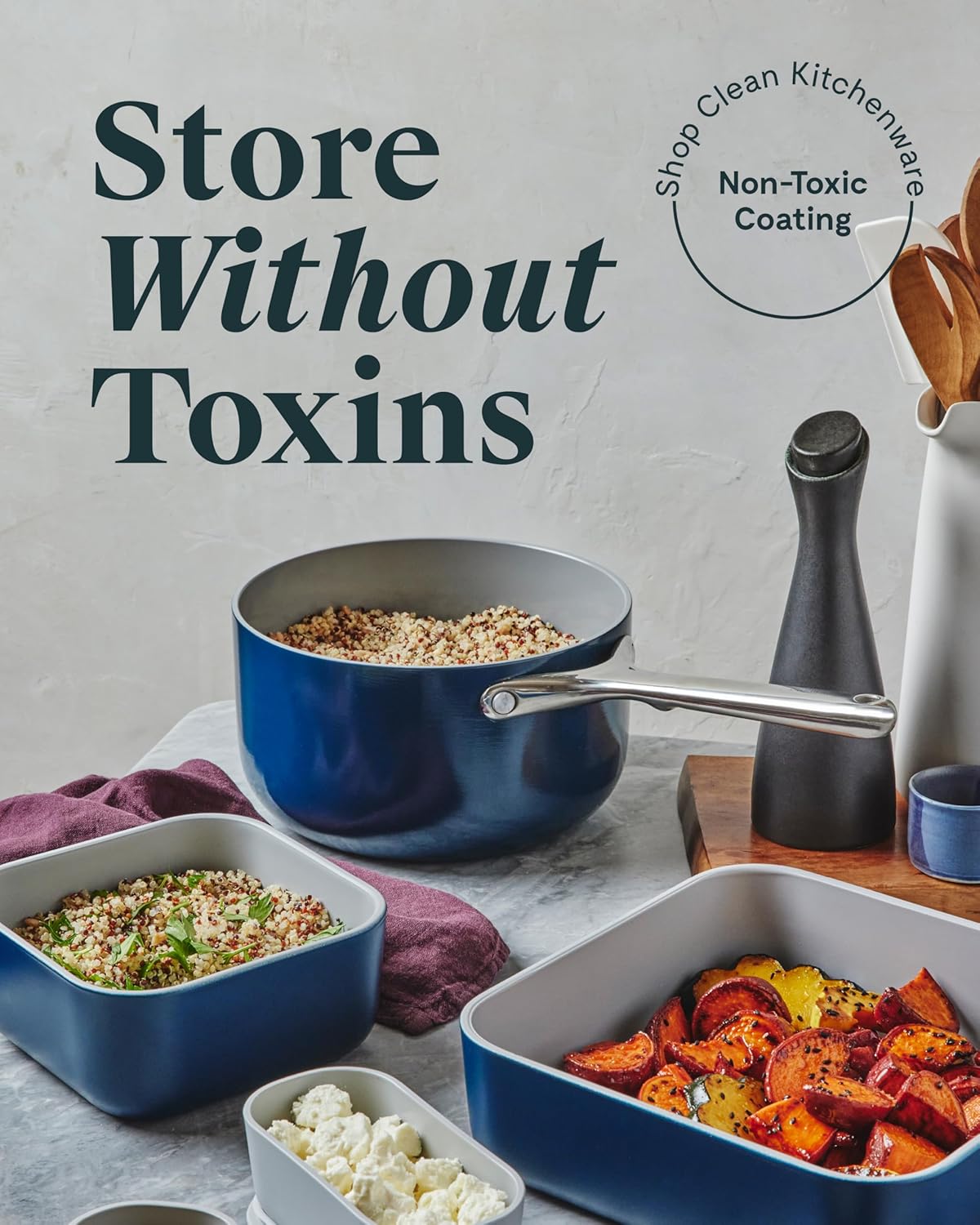 Caraway 2pc Glass Food Storage Set - 10 Cup Food Containers (2) - Ceramic Coated - Non Toxic, Non Stick Lunch Box with Lids. Dishwasher, Oven, & Microwave Safe - Navy