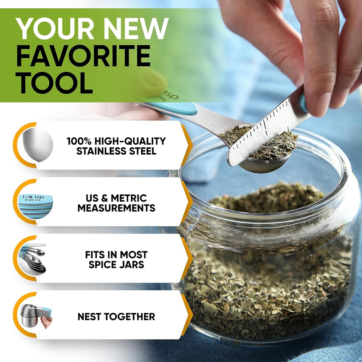 Spring Chef Magnetic Measuring Cups & Spoons Set (Patent Pending), Strong Magnets, Heavy Duty Stainless Steel Fits in Spice Jars for Baking & Cooking, BPA Free, Round Set of 15 with Leveler, Aqua Sky