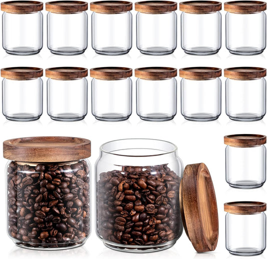 Irenare 16 Pcs 17 oz/ 500 ml Glass Canister Food Airtight Sealed Clear Borosilicate Glass Storage Jars with Lids Kitchen Spice Containers for Serving Coffee Sugar Tea Beans Candy Nuts Pantry (Wood)