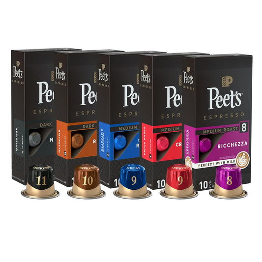 Peet's Coffee, Dark and Medium Roast Espresso Capsules Variety Pack with Decaf, Compatible with Nespresso Original Machine - Intensity 8-11, 50 Count (5 Boxes of 10 Espresso Capsules)