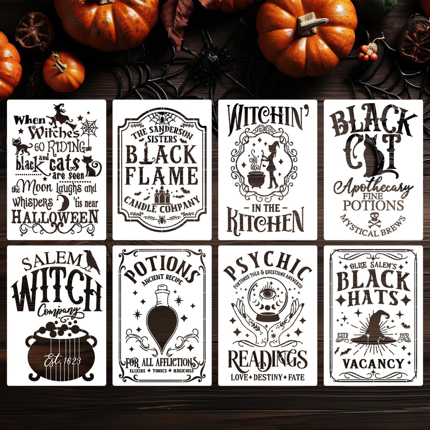 Halloween Stencils for Painting 11.7”x8.26” Reusable Halloween Stencil A4 Skeleton Witch Black Cats Draw Templates for Wood Signs Walls Windows Door Mat Fabrics