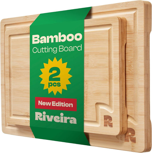 Riveira White Bamboo Wood Cutting Board – Versatile And Durable: Set Of 2 Pcs Rectangular Wooden Cutting Board – Natural Wooden Cutting Boards For Kitchen – Complete White Bamboo Wooden Chopping Board