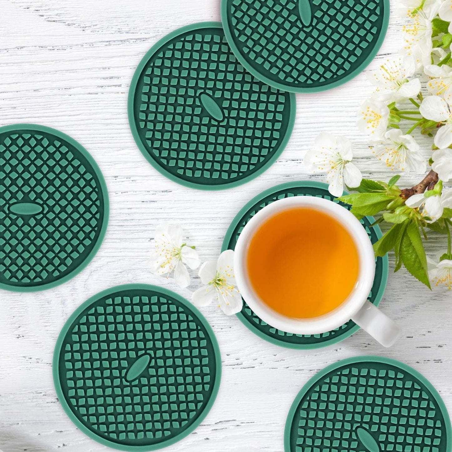 ME.FAN Silicone Coasters [6 Pack] Thickened Drink Coasters with Holder - Cup Mat - Non-Slip, Non-stick, Stay Put, Deep Tray - Prevents Furniture and Tabletop Damages(Teal Blue)