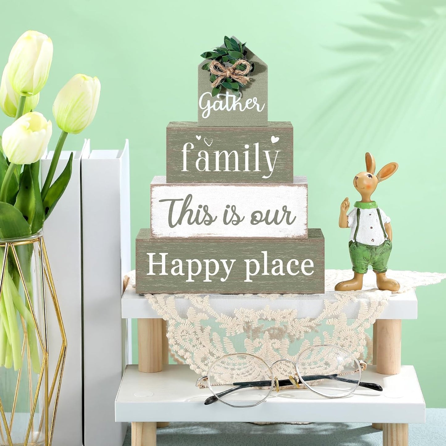 Farmhouse Table Decor Eucalyptus Leaves Wooden Block Sign Gift Gather Family This Is Our Happy Place Tabletop Centerpieces Rustic Decorations for Home Kitchen Shelf Desk Tiered Tray Decor