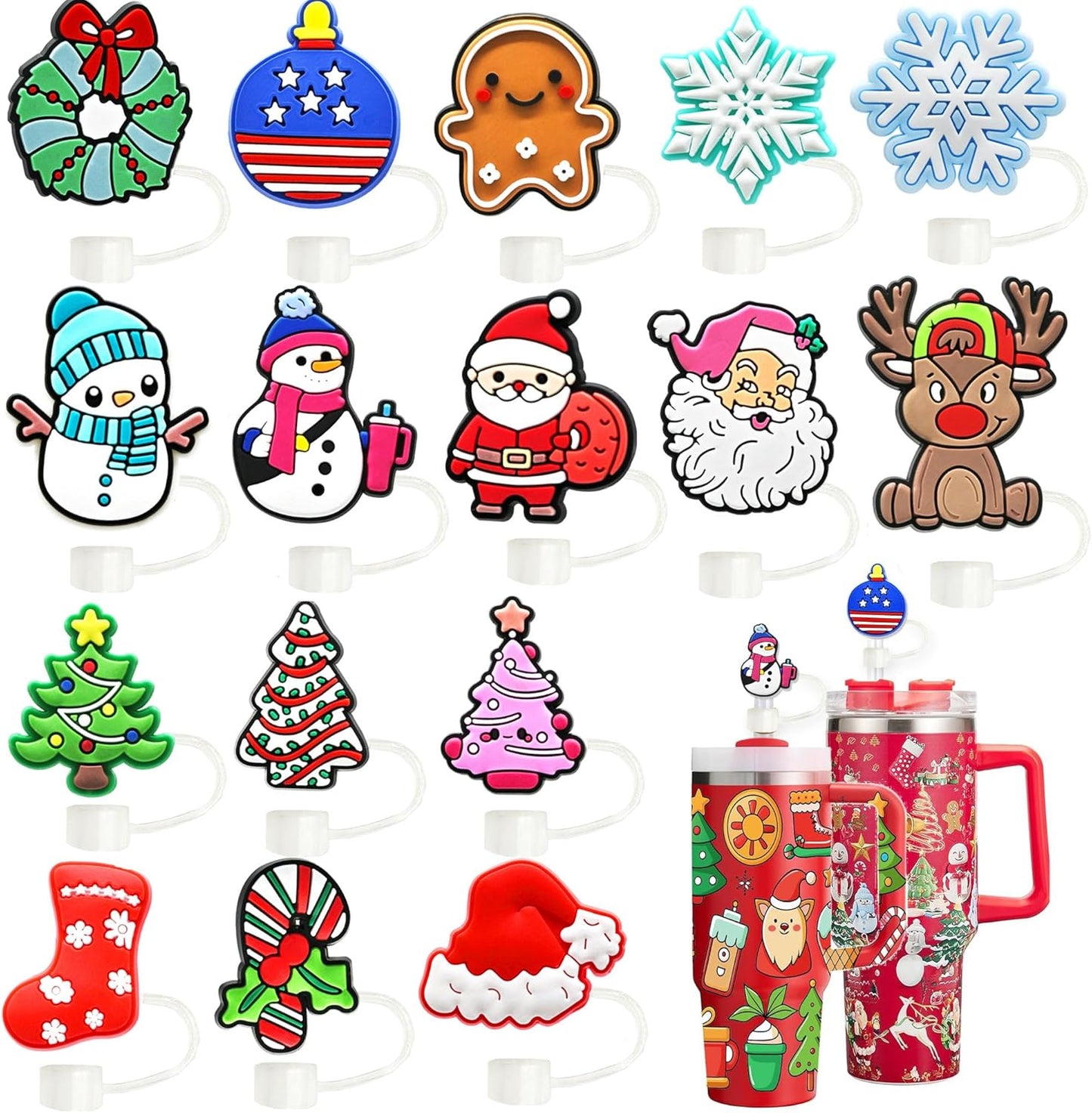 16Pcs Straw Cover, Christmas Straws Topper for Stanley Cup Accessories Santa Claus Christmas Tree 10mm Silicone Straw Covers for Stanley 30 & 40 Oz Tumbler