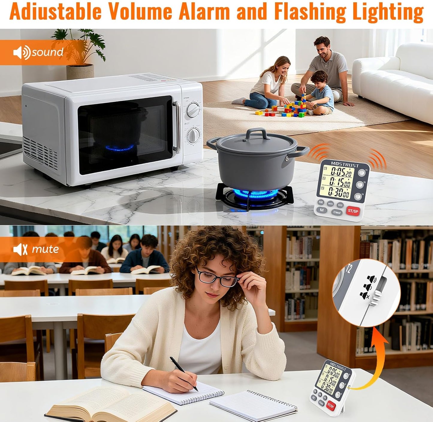 Digital Dual Kitchen Timer, 3 Channels Countdown Triple Timer for Cooking, Magnetic Memory-Preset Large Display Adjustable Alarm Volume, Multi Times Management, 3A Battery Included, White