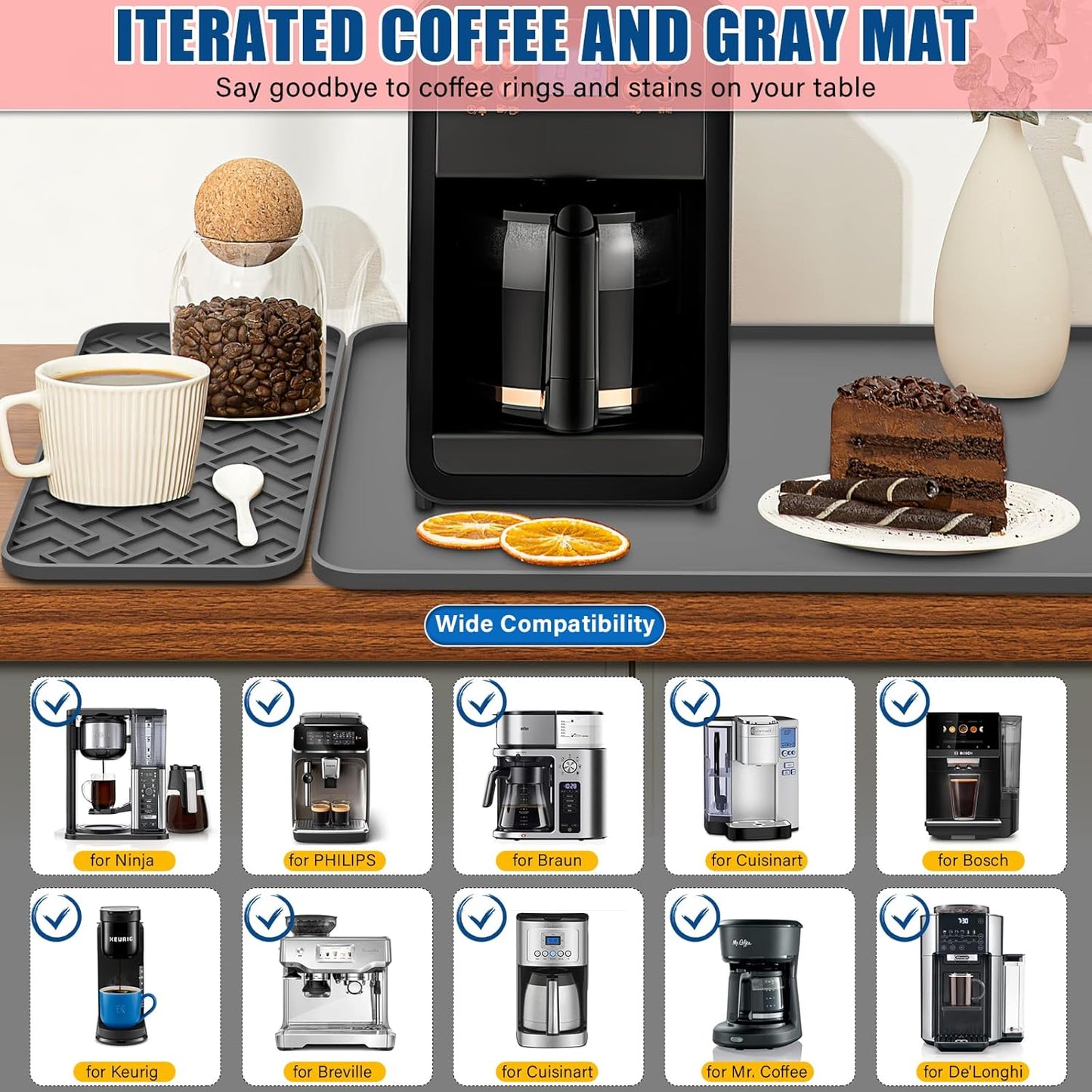 Silicone Coffee Mat - Removable Bar Mat with Concave and Convex Design, Leak-Proof and Non-Slip, Suitable for Use Under the Coffee Machine to Keep the Countertop Clean (Grey19"x12")