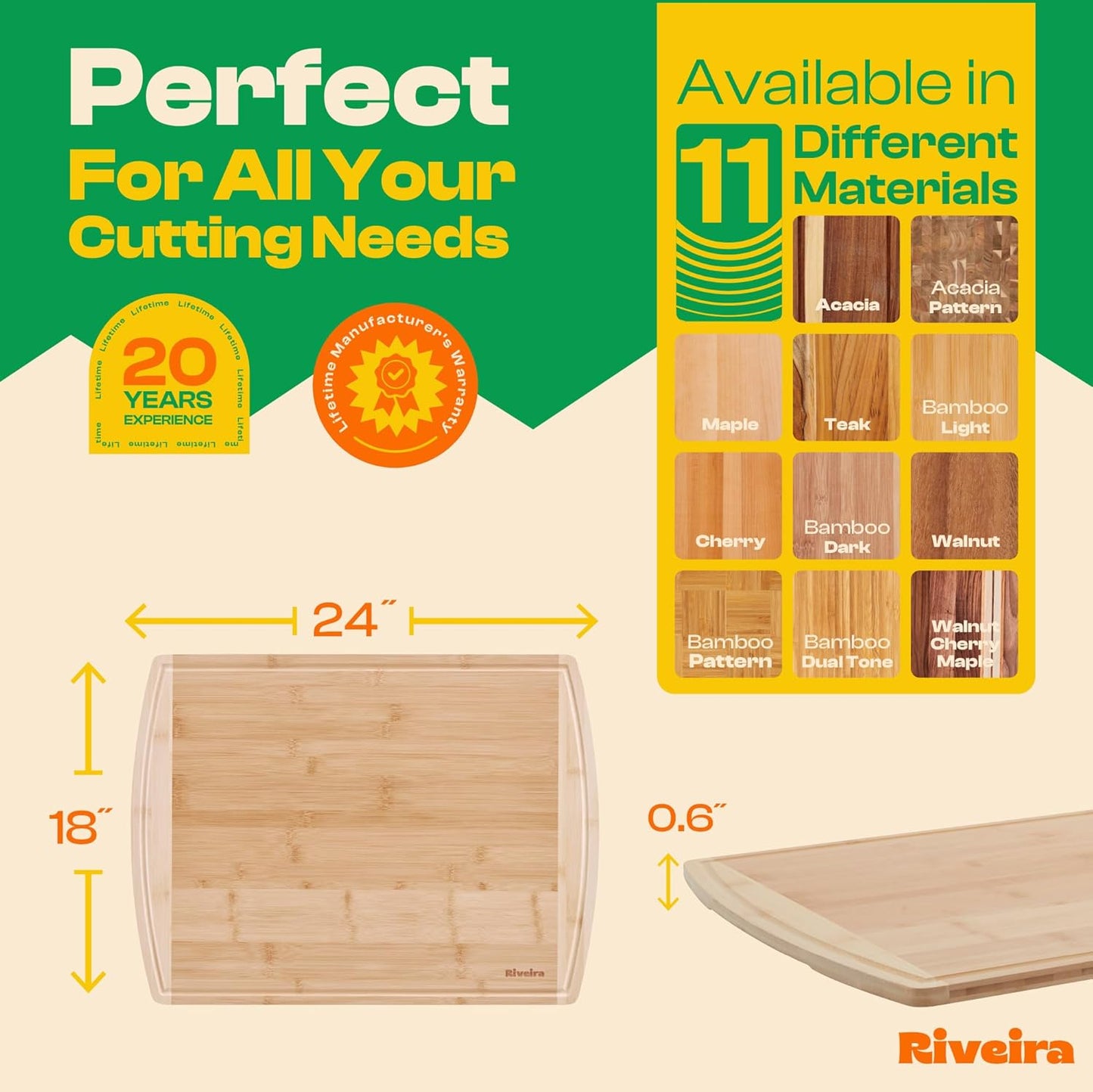 Riveira Two Tone Bamboo Wood Cutting Board – Gourmet Bamboo Grandeur: 24 x 18 Wooden Cutting Board – Wooden Cutting Boards For Kitchen Decorative – Innovative Juice Grooves Wooden Chopping Board