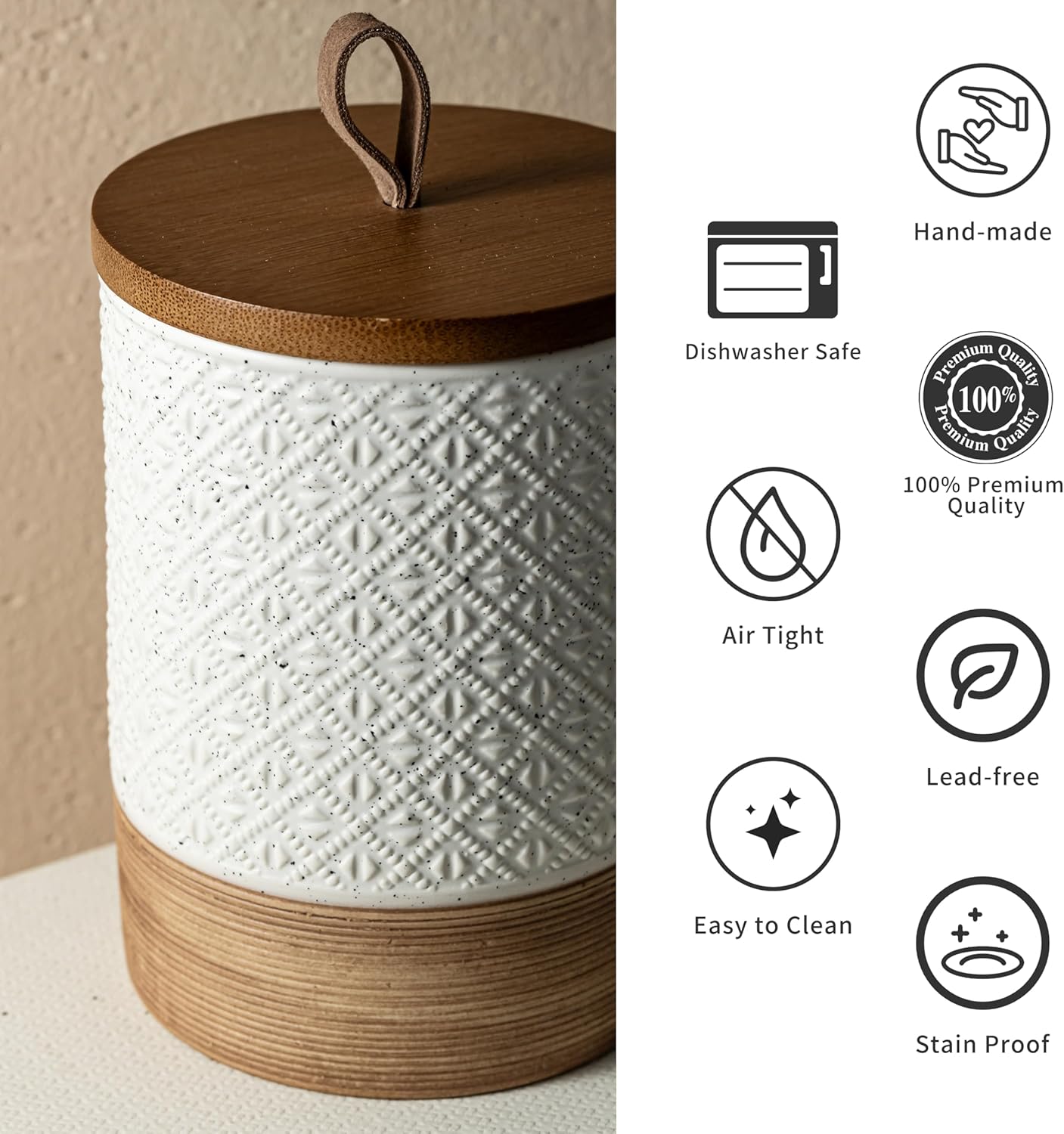 Large Jar with Lid, Ceramic Coffee Container Kitchen Food Storage Jars with Airtight Lids for Spice Cookie Ground Coffee, Decorative Jars for Coffee Countertop, Bar Accessories- White 64 fl.oz