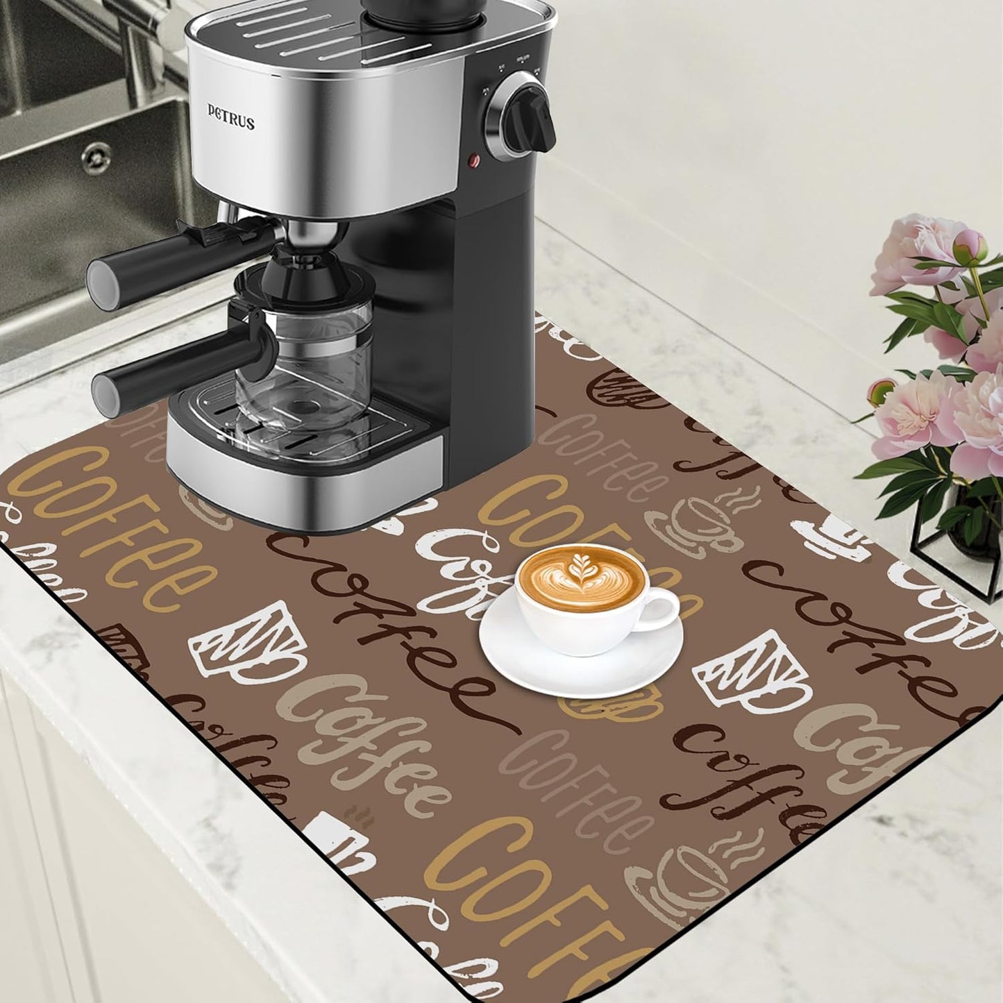Doodle Coffee Dish Drying Mat Coffee Bar Mat for Countertop Rubber Backed Absorbent Hide Stain Dish Drainer Rack Pad Espresso Machine Table Accessories Dining Room Decoration 15.7 x 23.6 Inch