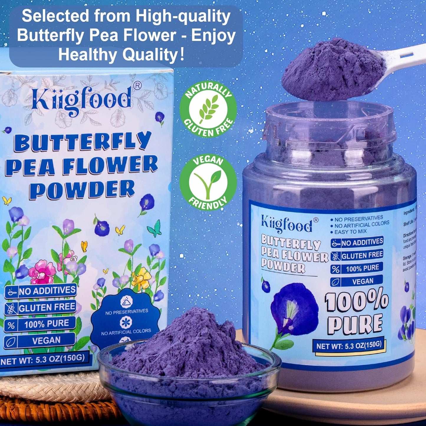 Butterfly Pea Flower Powder - Kiigfood 5.3 oz/150g Pure Natural Blue & Purple Food Coloring, Butterfly Pea Powder for Drinks, Smoothies, Cocktail, Baking, Pasta - Vegan, Gluten-Free, Non-GMO