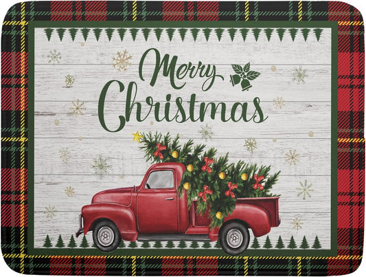Christmas Dish Drying Mat 18x24 Inch for Kitchen Counter Decor Absorbent Reversible Microfiber Red Truck Buffalo Check Plaid Dishes Pad Dish Drainer Rack Mats Absorbent Fast Dry Kitchen Accessories