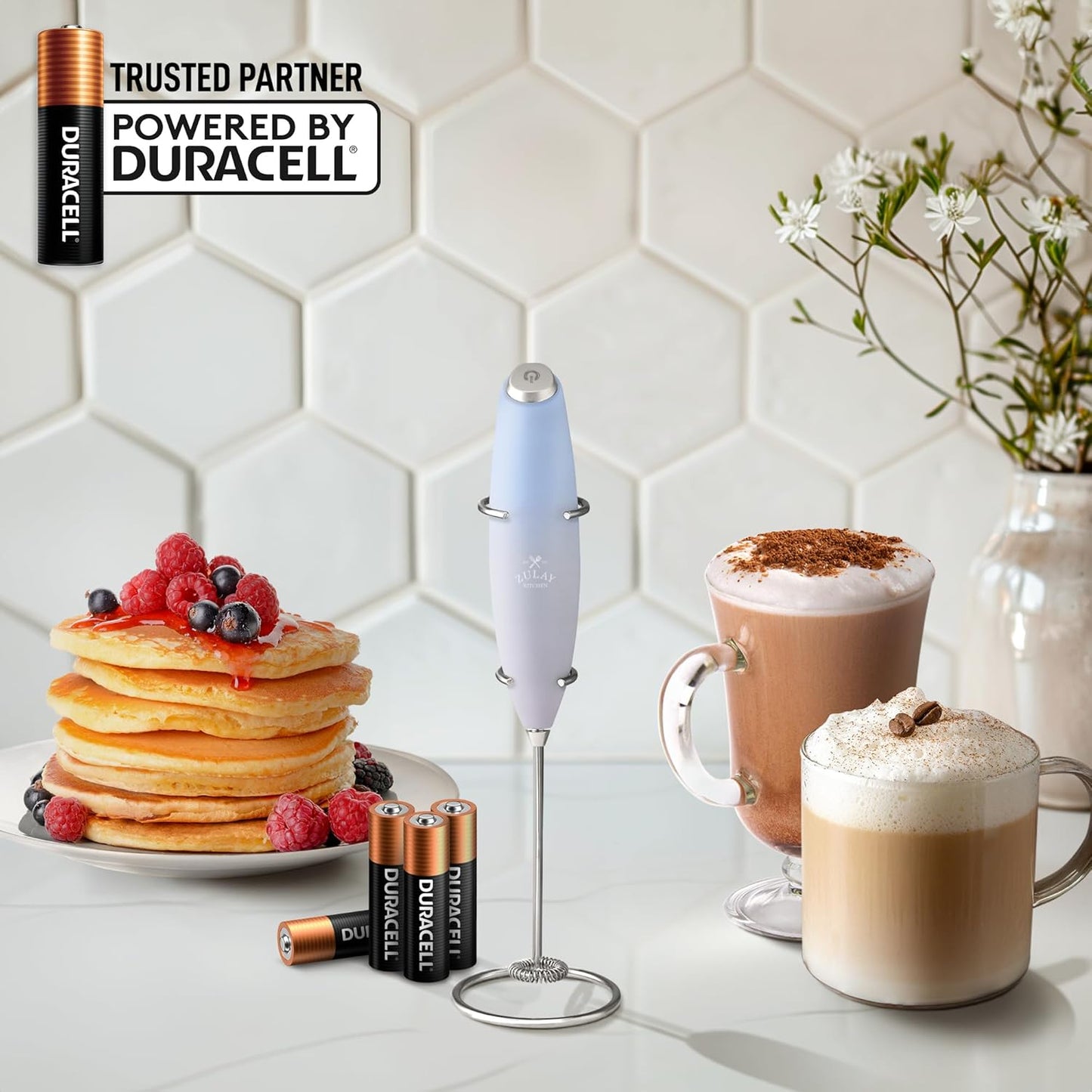 Zulay Kitchen Powerful Milk Frother Wand With 4 AA Duracell Batteries - Ultra Fast Handheld Drink Mixer - Electric Whisk Foam Maker for Coffee, Lattes, Cappuccino, Matcha & Creamer -