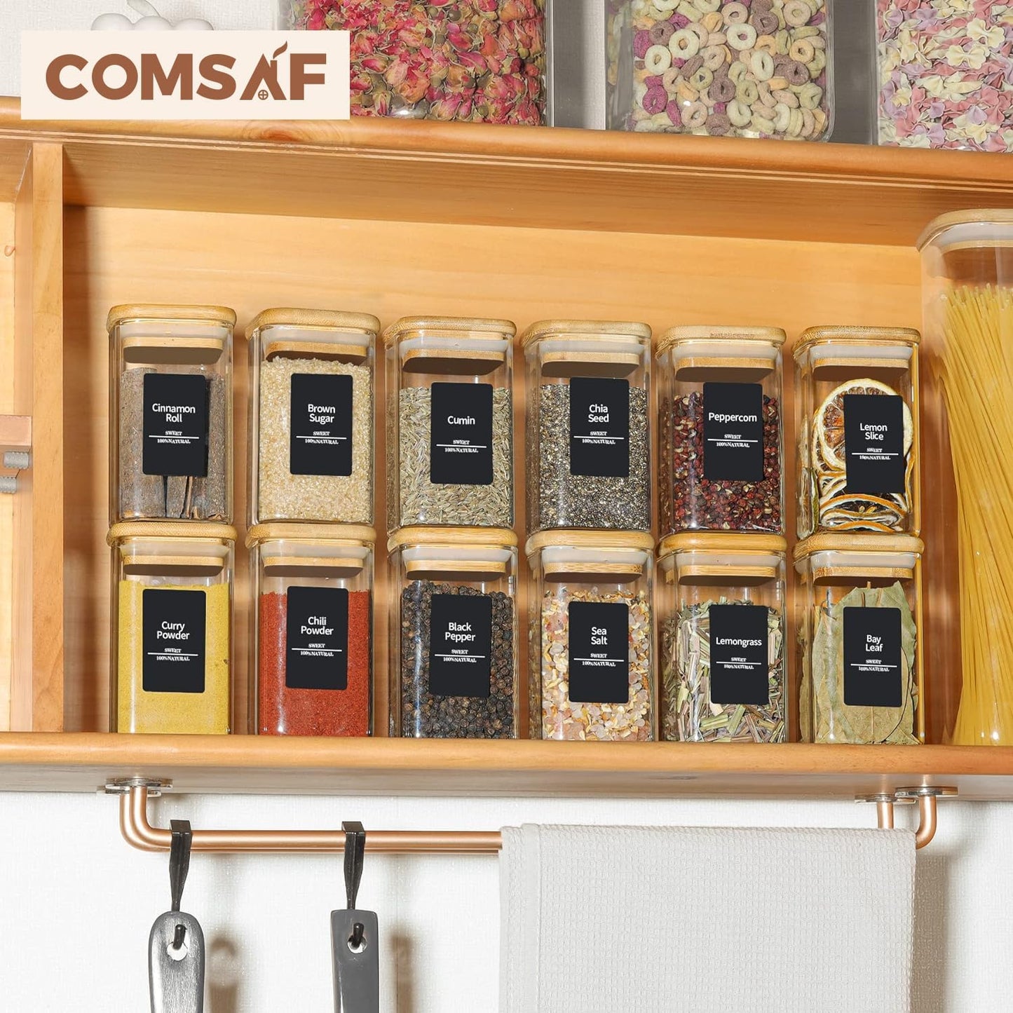 ComSaf 12Pcs Glass Spice Jars with Bamboo Lid, 8oz Airtight Square Containers with 275 Black Lables, Empty Seasoning Jars for Spice Salt Sugar