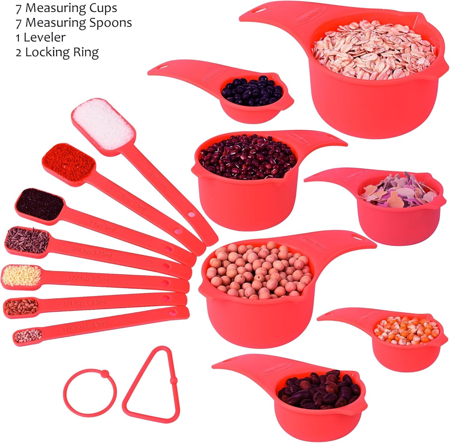 Red Measuring Cups and Spoons Set 15, 7 Plastic Measuring Cup Set, 7 Spice Long Handle Measuring Spoons with 1 Leveler for Kitchen and Baking, Dry Metric Measure Cups & Spoons Set