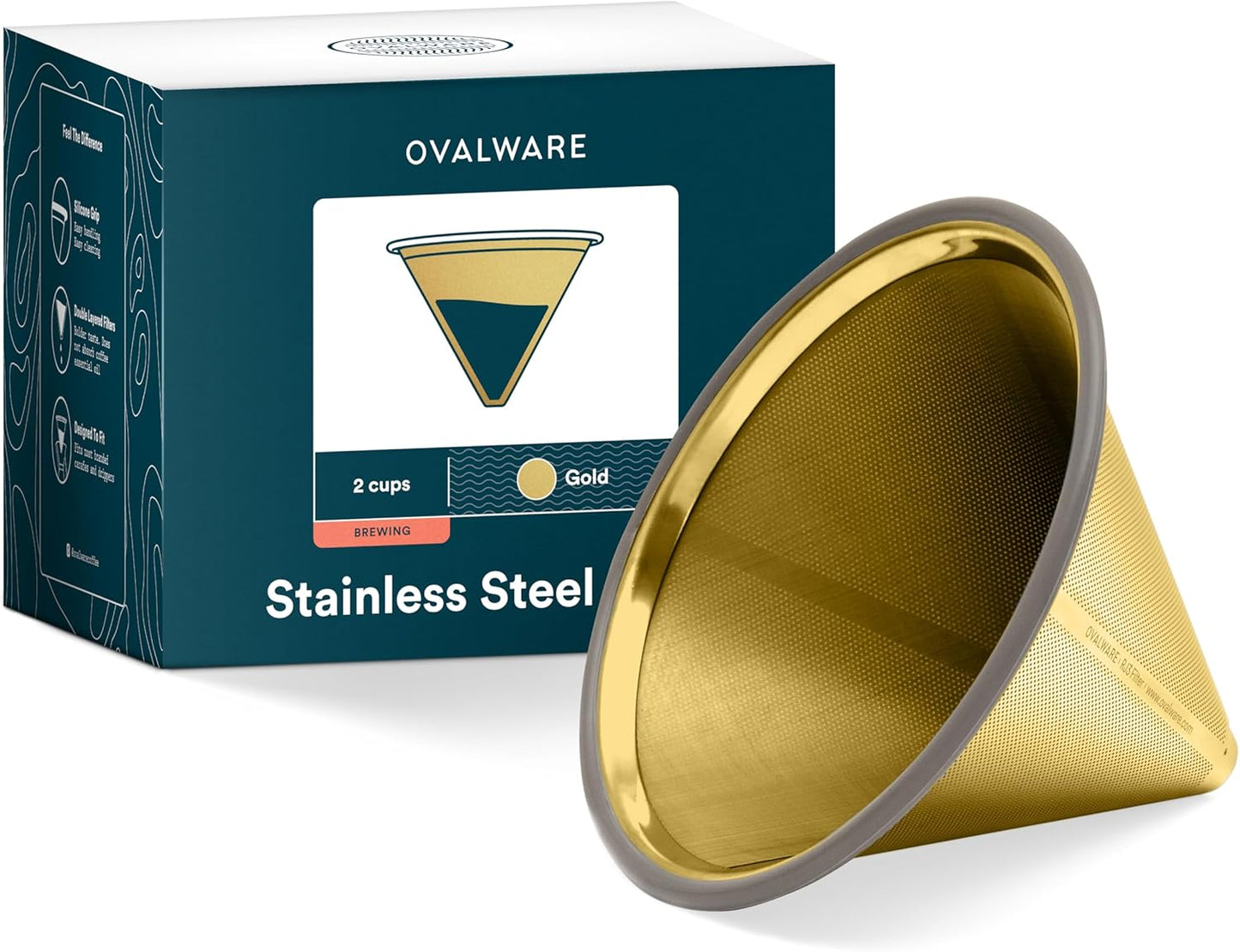 OVALWARE Paperless Stainless Steel Pour Over Coffee Filter – Reusable and Permanent Coffee Cone Dripper for Ovalware, Chemex, Hario and Other Carafes (Titanium Gold)