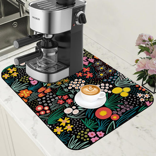 Dish Drying Mat Doodle Flower Meadow Coffee Bar Mat for Countertop Absorbent Rubber Backed Hide Stain Dish Drainer Rack Pad Coffee Pot Espresso Machine Dining Room Decoration 11.8 x 19.7 Inch