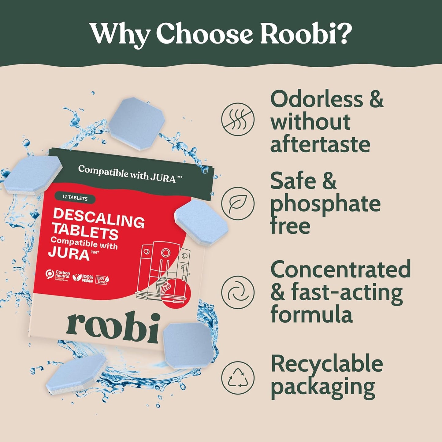 Roobi Jura Compatible Descaling Tablets. 12 Jura Descaling Tablets for Automatic Espresso Coffee Machines. 100% Vegan, Carbon Neutral.