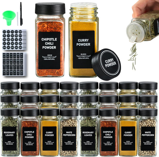 36Pcs Spice Jars Containers with Labels，4oz Black Seasoning Bottles with Shaker Lids for Rack, Cabinet, Drawer,Empty Square Condiment Pots (36, Black)