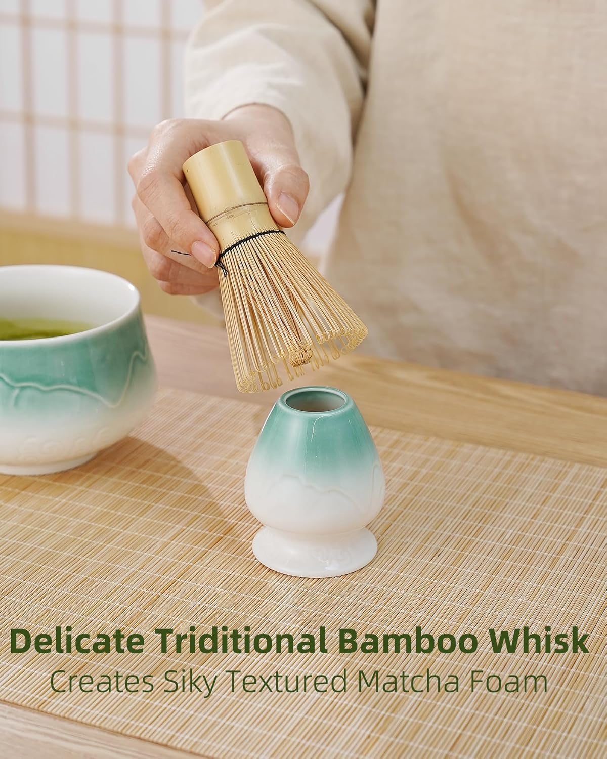 ZENS Matcha Whisk Set, Ceramic Matcha Set Includes Matcha Bowl, Matcha Whisk and Holder, Bamboo Scoop & Tea Towel - 5Pcs Matcha Kit for Matcha Ceremony, Blue