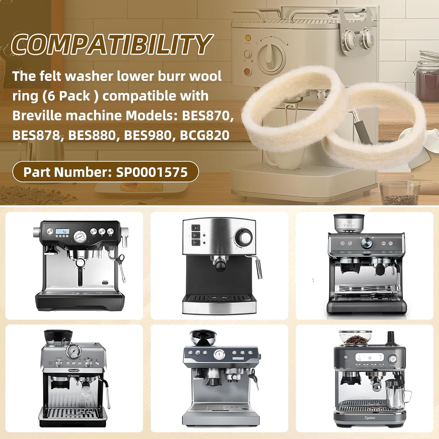 Felt Washer Replacement for Breville Espresso Machine Grinders (6 Pack), Felt Washer Lower Burr Wool Ring Compatible with BES870, BES878, BES880, BES980, BCG820 Accessories