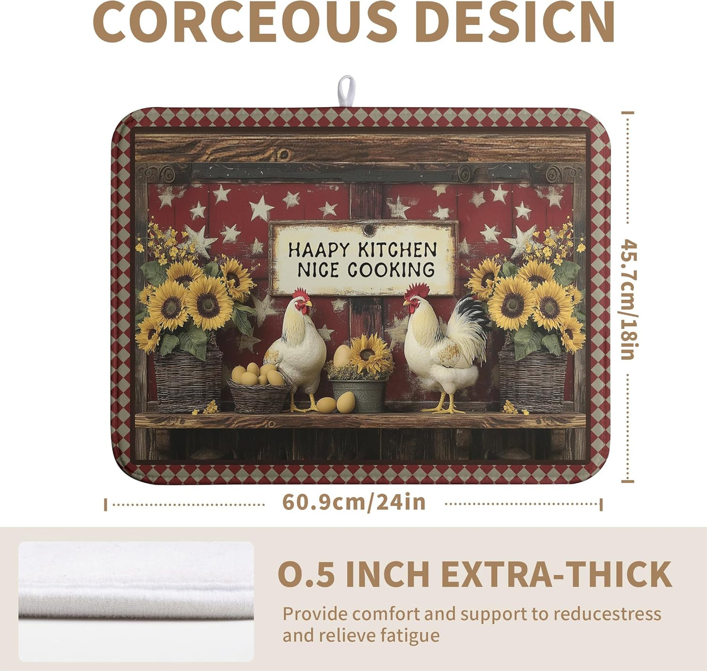 Vintage Rooster Dish Drying Mat Farmhouse Summer Sunflower Kitchen Dish Drying Pad Absorbent Fall Dish Dryer Mat for Kitchen Countertops Microfiber Dishes Drainer Pad Dish Drying Rack Mat (18x24 in)