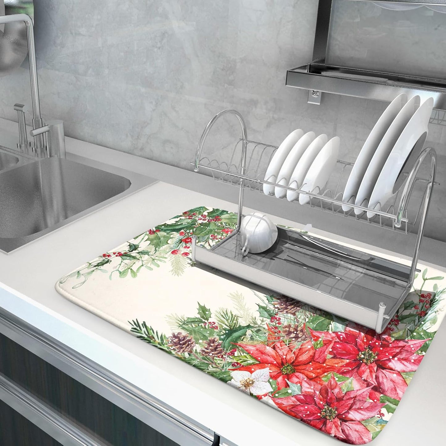 Giwawa Poinsettia Dish Drying Mat for Countertop 18"x24" Christmas Red Floral Winter Holly Berries Dish Drainer Mats Absorbent Microfiber Dish Drying Pad Protector for Kitchen Home Decor Large