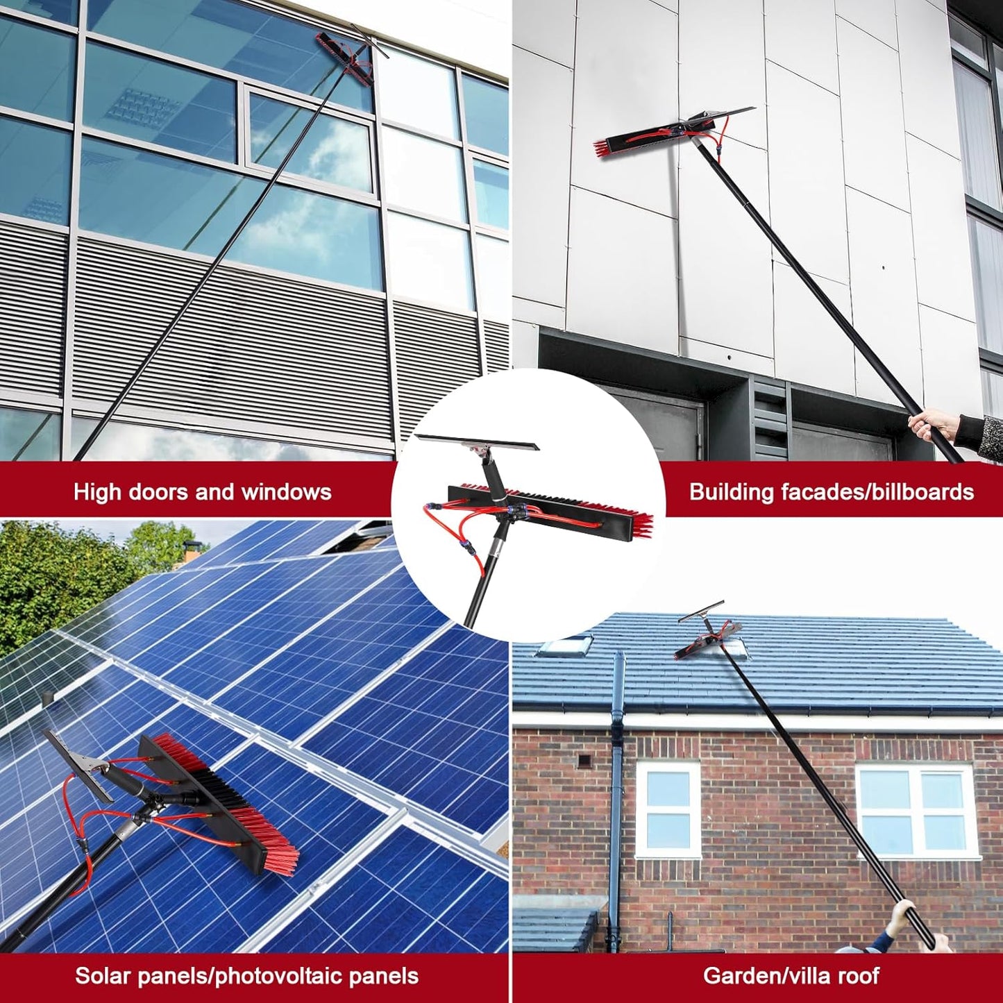 26ft Long Reach Solar Panel Cleaning Kit - Aluminum Extendable Water Fed Pole, 22in Wide Brush & Squeegee, Bendable Dusting Brush - Outdoor Window Washing Equipment Tool