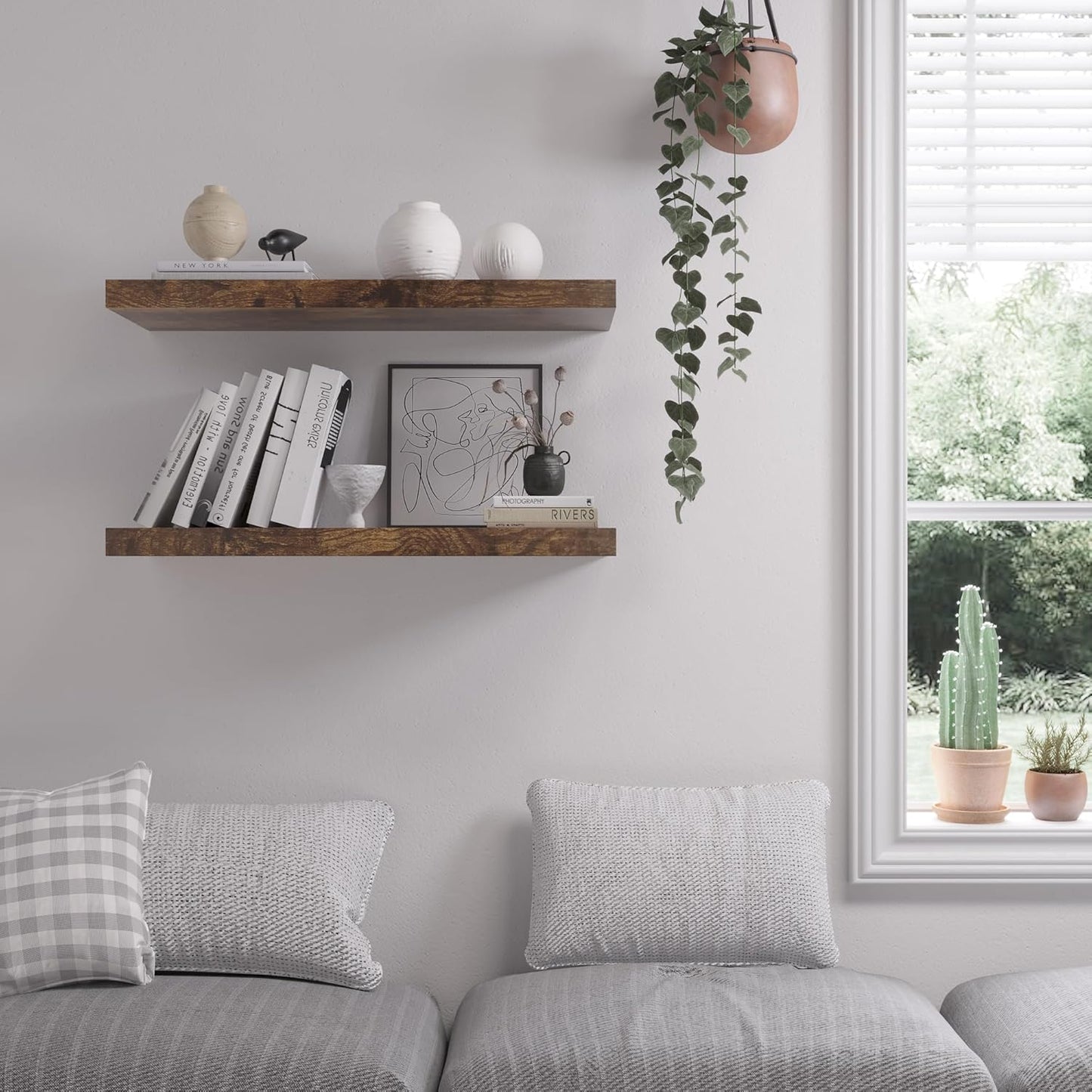 Floating Shelf, Set of 3 Wall Shelf, 24 in W x 12.75 in D x 2 in H Wooden Floating Wall Shelf with Invisible Brackets for Living Room/Bedroom/Bathroom/Kitchen Storage and Decor, Rustic Brown