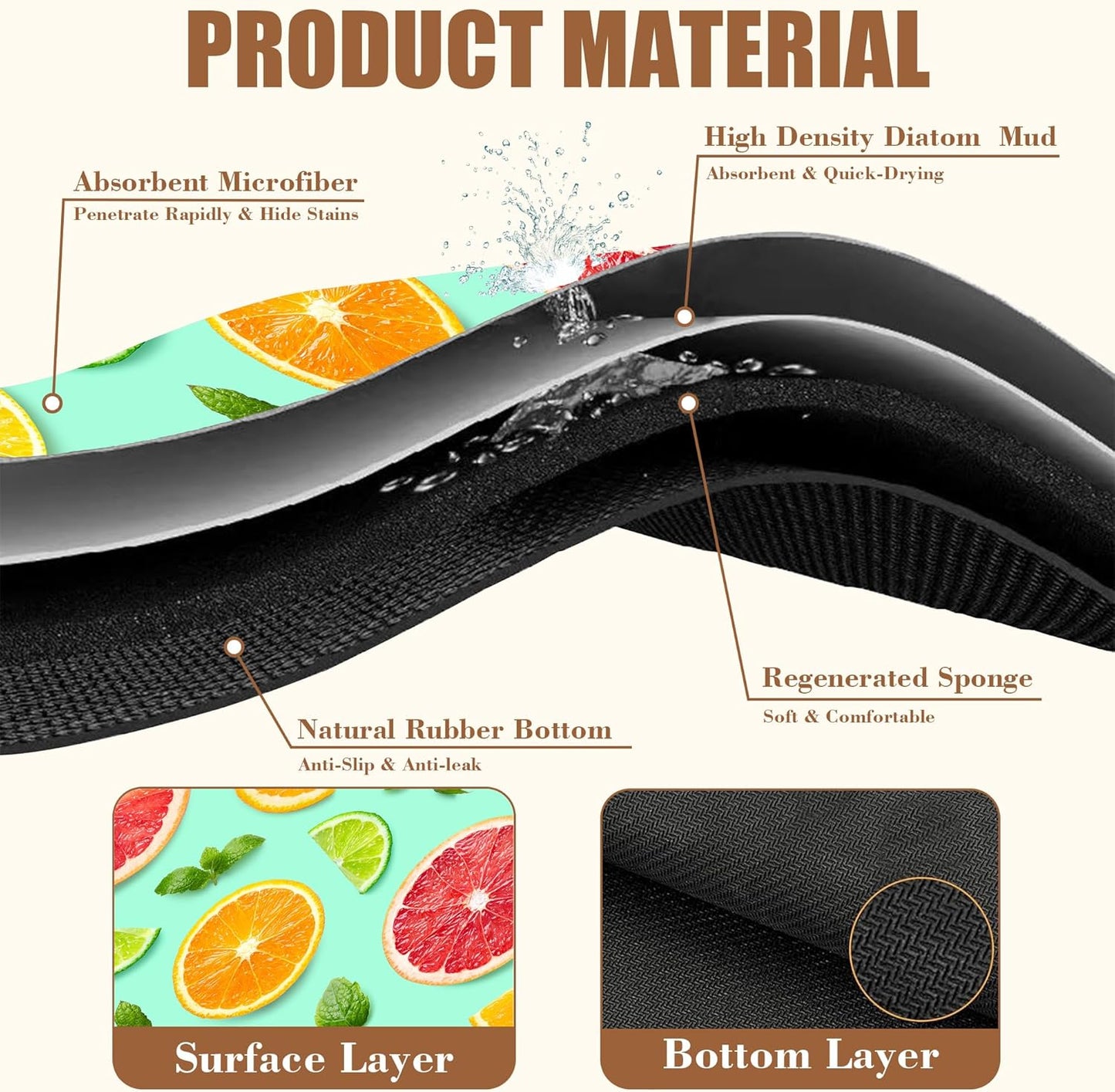 Citrus Fruits and Mint Leaves Dish Drying Mat for Kitchen Counter, Coffee Bar, Hide Stain Absorbent Rubber Backed Coffee Maker Mat, Espresso Machine Accessories, 15.7 x 23.6 Inch