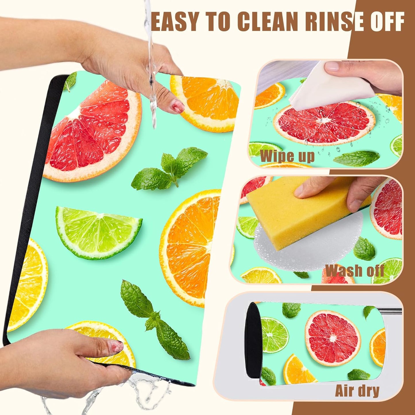 Citrus Fruits and Mint Leaves Dish Drying Mat for Kitchen Counter Hide Stain Absorbent Coffee Mat Rubber Backed Drying Rack Pad Espresso Machine Coffee Bar Accessories 11.8 x 19.7 Inch