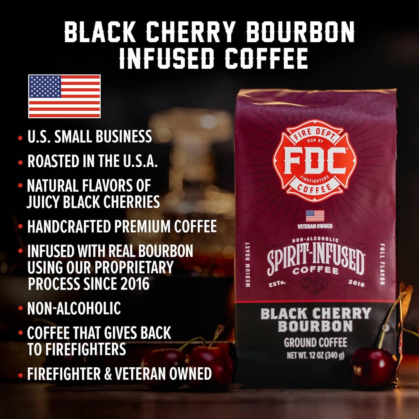 Fire Department Coffee - Black Cherry Bourbon Coffee - Gives Back to Firefighters - Premium Bourbon Infused Whole Bean - Non-Alcoholic - Roasted in the USA - Veteran Owned (12 oz, Pack of 2)