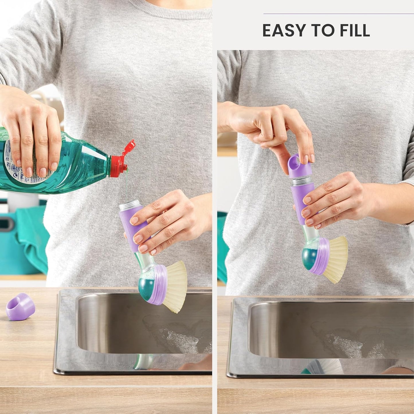 Vigar Rengo Soap Dispensing Dish Brush, Dish Brush with Soap Dispenser for Pot Scrubber, Dishes, Sink Cleaner, and Kitchen Essentials, Purple