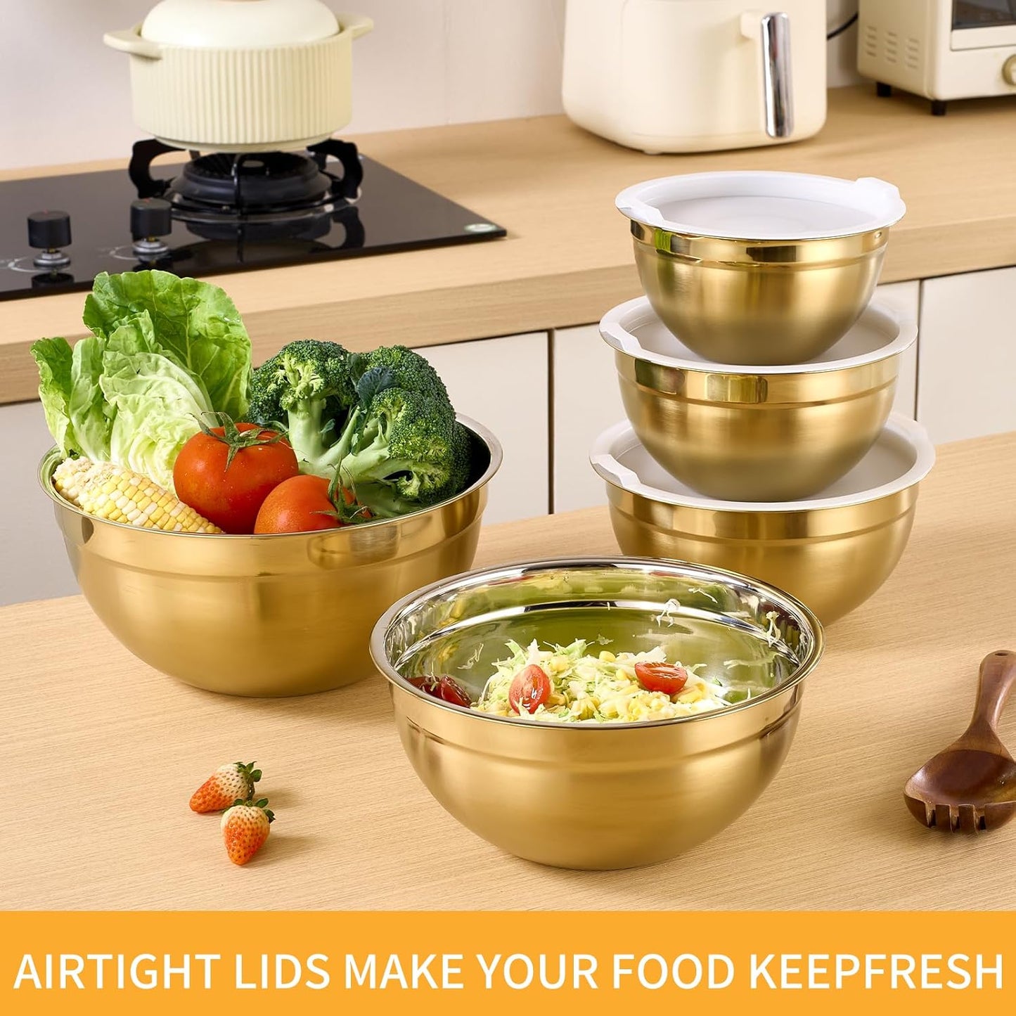 Gold Mixing Bowls With Airtight Lids,Stainless Steel Bowl,Salad Bowls 5 Piece Colorful Nesting Bowl Gold Kitchen Accessories,Size 5.5,3.6,2.7,2.1,1.5QT Stackable Design