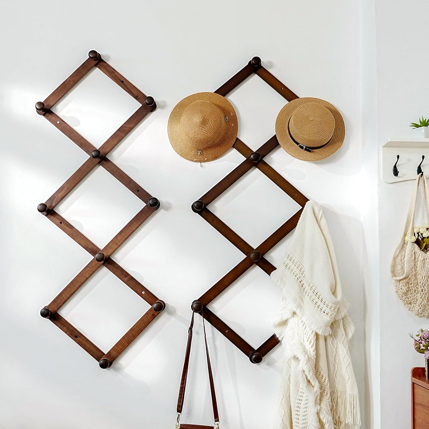 Dseap Expandable Coat Rack (Larger Version) - 24” High, Anti-Slip, Ultra Heavy Duty Wooden Accordian Wall Hanger with 10 Study Peg Hooks for Clothing Hats Jackets Bags, Dark Walnut