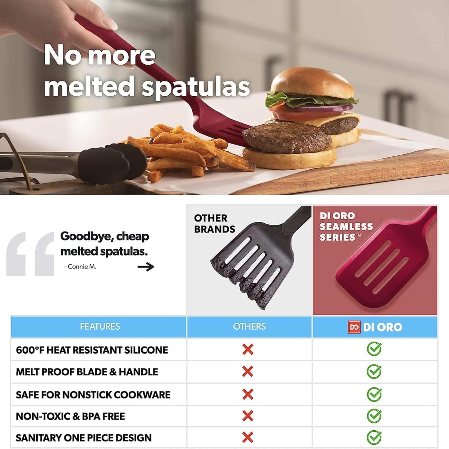 New DI ORO Seamless Series Moda 4-Piece Silicone Turner Spatula Set - 600°F Heat-Resistant Flexible Kitchen Spatulas for Nonstick Cookware - Flippers for Eggs & Pancakes - Utensils for Cooking (Red)